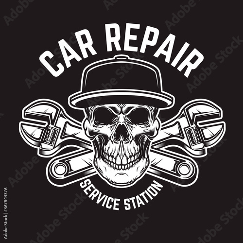 Car repair. Service station. Emblem template with skull and crossed wrenches. Design element for logo, emblem, sign, poster, card, banner. Vector illustration