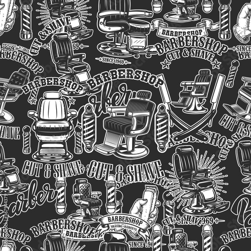 Seamless pattern with barbershop design elements in monochrome style. Design element for poster, card, banner. Vector illustration