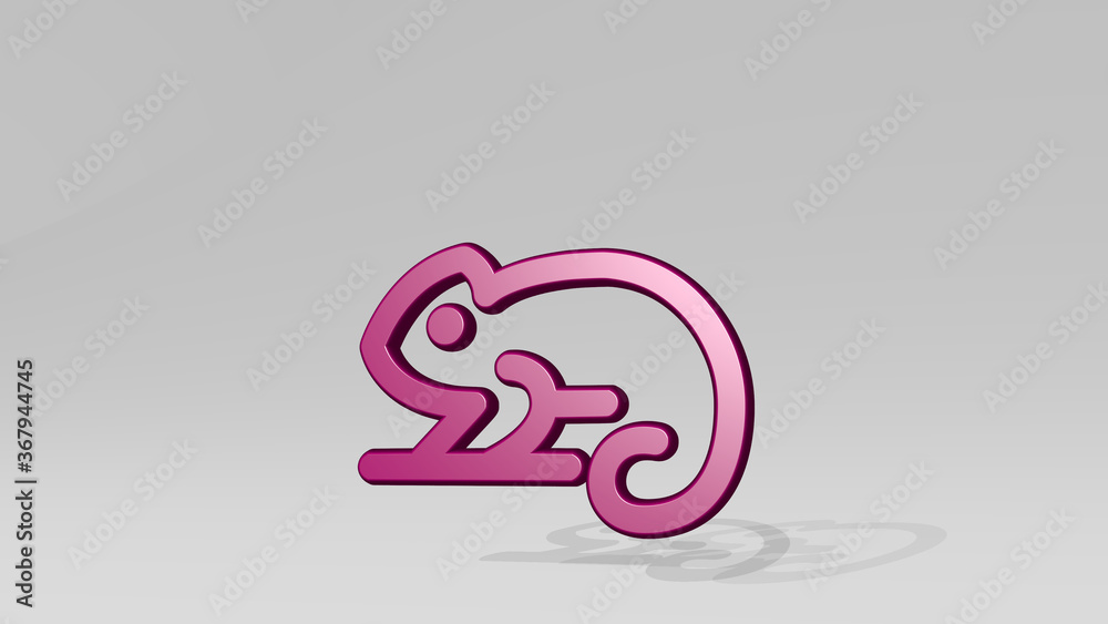 AMPHIBIAN CHAMELEON stand with shadow. 3D illustration of metallic sculpture over a white background with mild texture. animal and frog AMPHIBIAN CHAMELEON stand with shadow. 3D illustration of metallic sculpture over a white background with mild texture. animal and frog