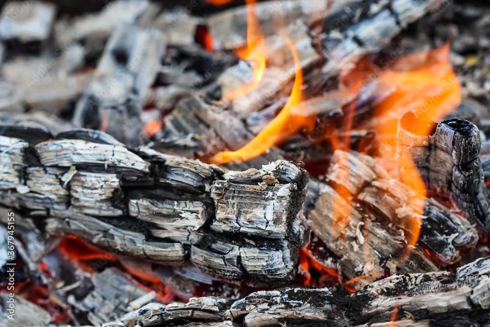 Flames of fire and hot coals of burned wood Flames of fire and hot coals of burned wood