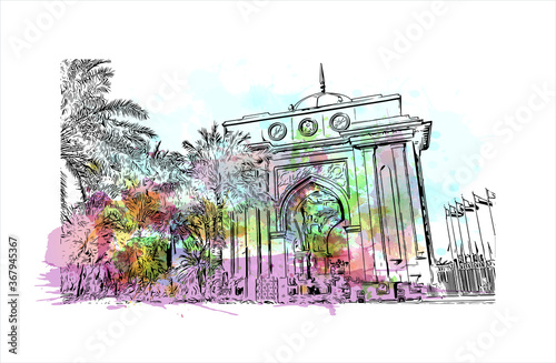 Building view with landmark of Abu Dhabi, the capital of the United Arab Emirates. Watercolor splash with hand drawn sketch illustration in vector.
