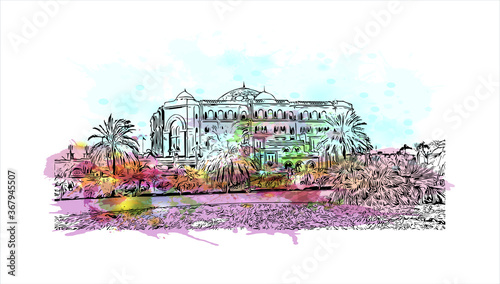Building view with landmark of Abu Dhabi, the capital of the United Arab Emirates. Watercolor splash with hand drawn sketch illustration in vector.