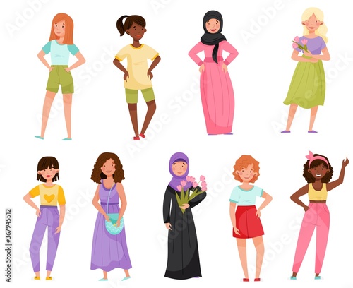 Happy Women Wearing Different Clothes and with Different Hairstyle in Standing Pose Vector Illustration Set