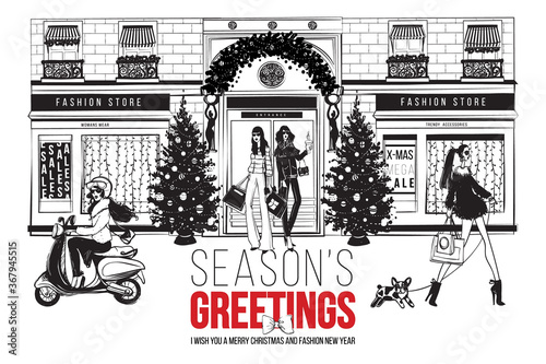 Fashion New year season's greeting card. Christmas boutique facade with holidays decoration, fashion women in modern winter outfits posing at shop front with bags. Black and white vector illustration