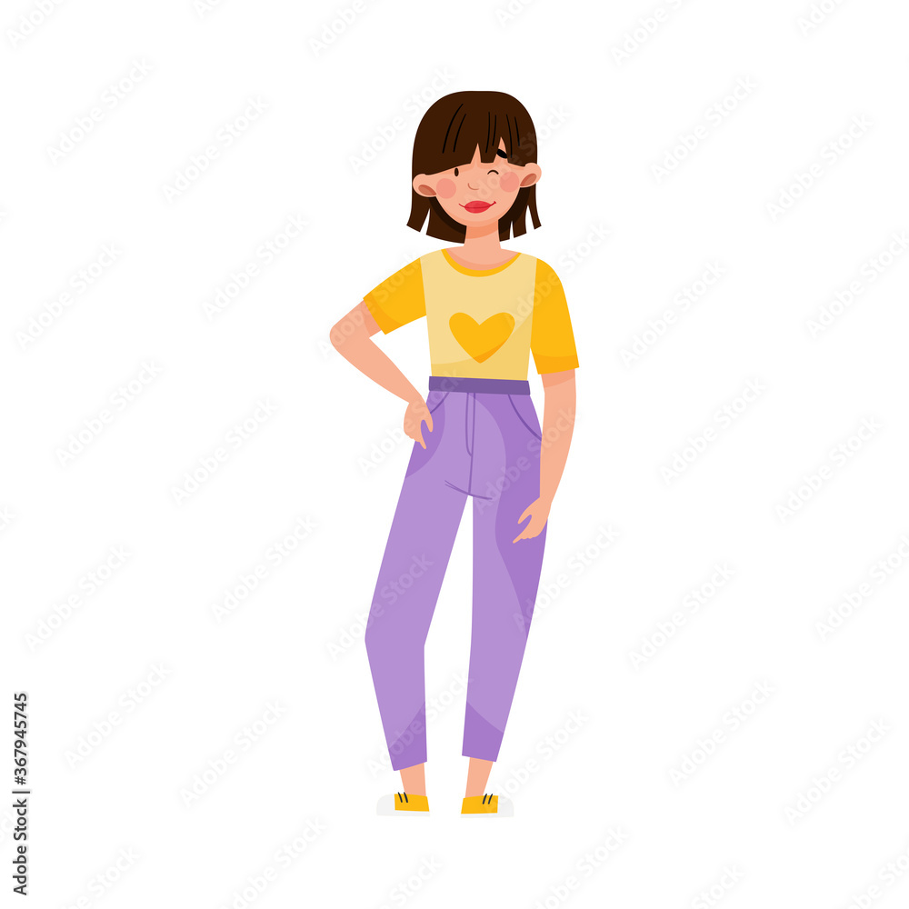 Dark-haired Woman Wearing Sweatshirt and Jeans Standing and Winking Vector Illustration Dark-haired Woman Wearing Sweatshirt and Jeans Standing and Winking Vector Illustration