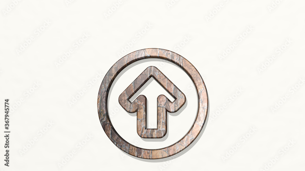 arrow thick circle up made by 3D illustration of a shiny metallic sculpture on a wall with light background. icon and design arrow thick circle up made by 3D illustration of a shiny metallic sculpture on a wall with light background. icon and design