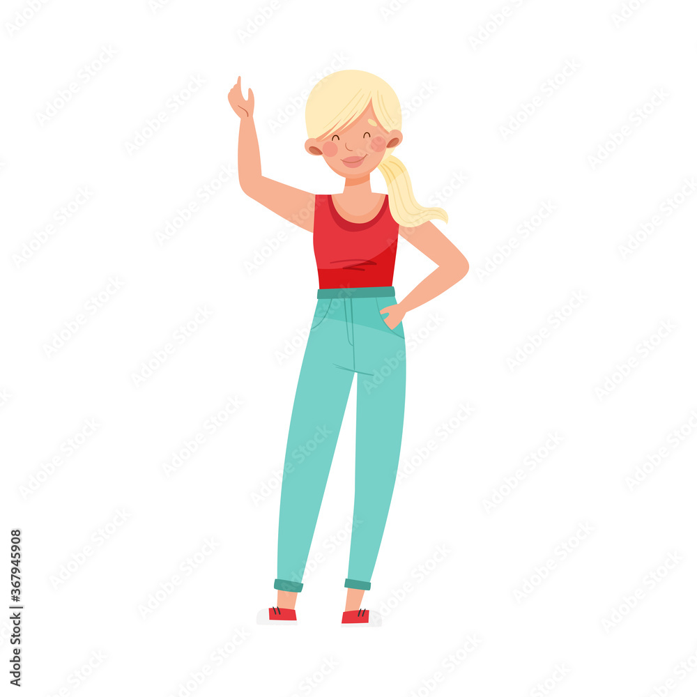 Blonde Woman with Ponytail Wearing Sweatshirt and Jeans Standing and Waving Hand Vector Illustration Blonde Woman with Ponytail Wearing Sweatshirt and Jeans Standing and Waving Hand Vector Illustration