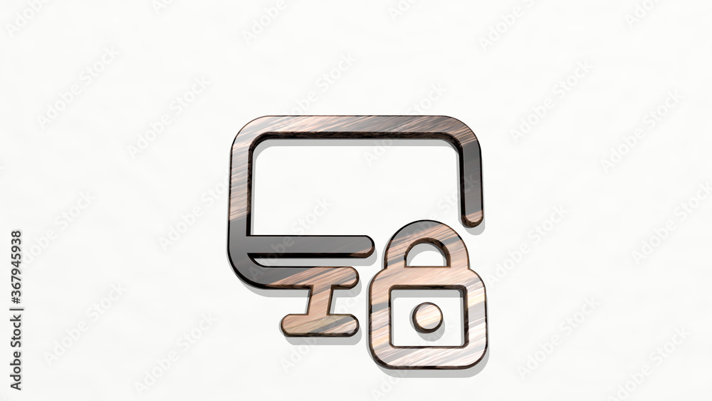 monitor lock from a perspective on the wall. A thick sculpture made of metallic materials of 3D rendering. illustration and computer monitor lock from a perspective on the wall. A thick sculpture made of metallic materials of 3D rendering. illustration and computer