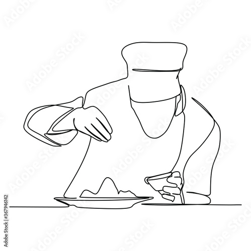 A chef pours condiments to the dish and do the garnishing. Continuous one line drawing. Vector illustration