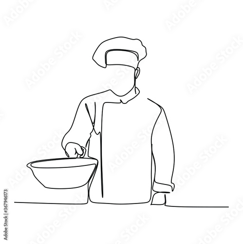 A chef cooking using a pan. Continuous one line drawing. Vector illustration