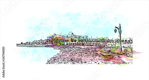 Building view with landmark of Abu Dhabi, the capital of the United Arab Emirates. Watercolor splash with hand drawn sketch illustration in vector.