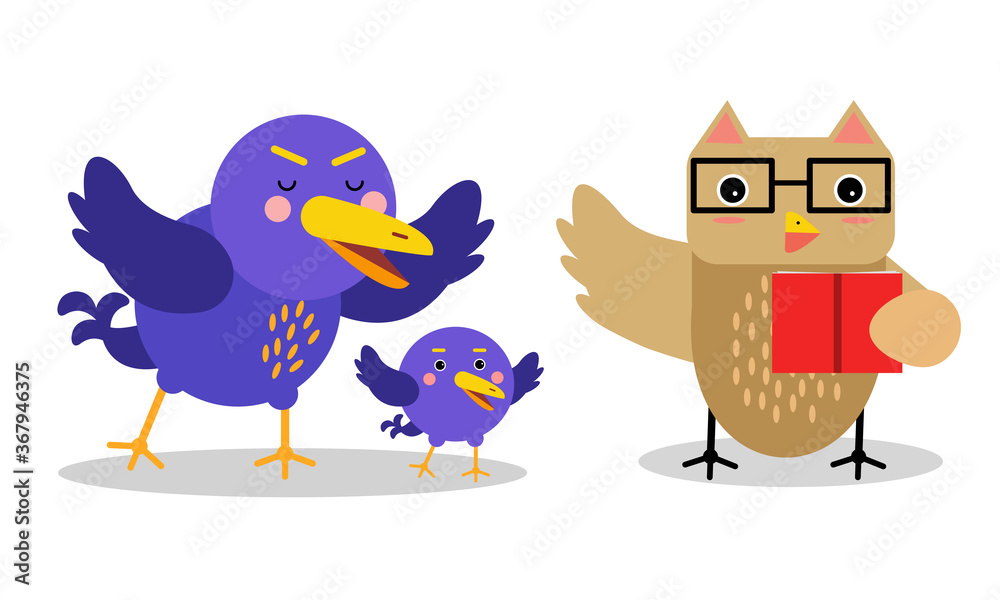Funny Cartoon Birds Tweeting and Reading Book Vector Set