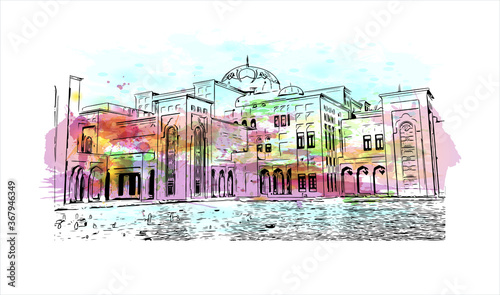 Building view with landmark of Abu Dhabi, the capital of the United Arab Emirates. Watercolor splash with hand drawn sketch illustration in vector.
