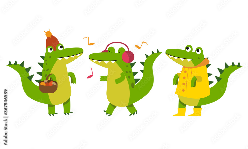 Naklejka premium Cute Green Crocodile Listening to Music and Picking Mushrooms Vector Illustration Set