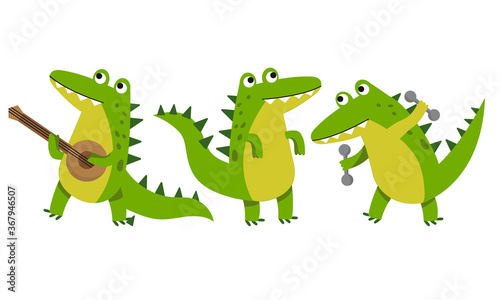 Cute Green Crocodile Playing Balalaika and Doing Physical Exercises Vector Illustration Set