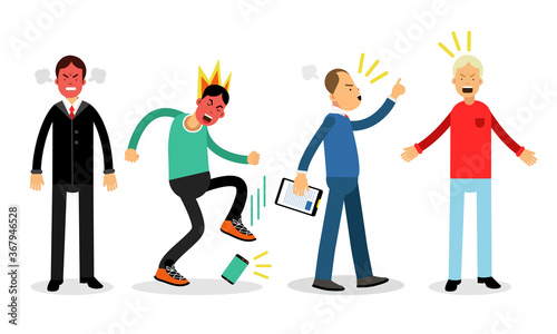 Angry Man Characters Standing and Shouting Vector Illustration Set