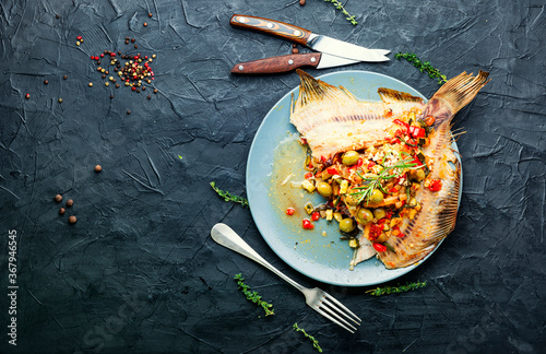 Baked plaice stuffed with vegetables