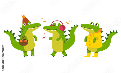 Fototapeta Naklejka Na Ścianę i Meble -  Cute Green Crocodile Listening to Music and Picking Mushrooms Vector Illustration Set