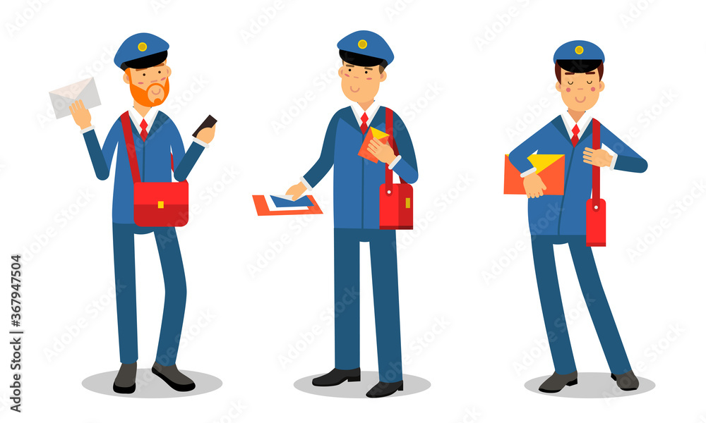 Postman Wearing Uniform Engaged in Daily Routine Vector Illustration Set Postman Wearing Uniform Engaged in Daily Routine Vector Illustration Set