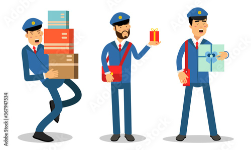 Postman Wearing Uniform Engaged in Daily Routine Vector Illustration Set