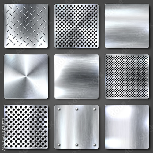 Realistic brushed metal textures set. Polished stainless steel background. Vector illustration.