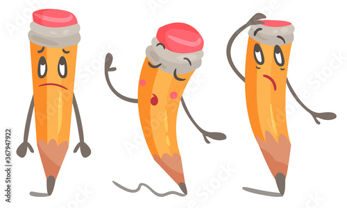 Cute Humanized Pencil Character With Arms And Face Vector Set
