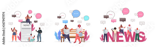 set mix race people reading newspapers discussing daily news chat bubble communication concept full length horizontal vector illustration
