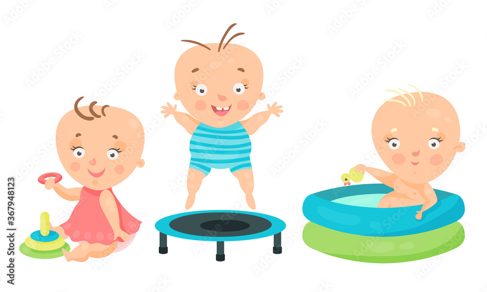 Toddler Playing with Toys and Sitting in Swimming Pool Vector Illustration Set Toddler Playing with Toys and Sitting in Swimming Pool Vector Illustration Set