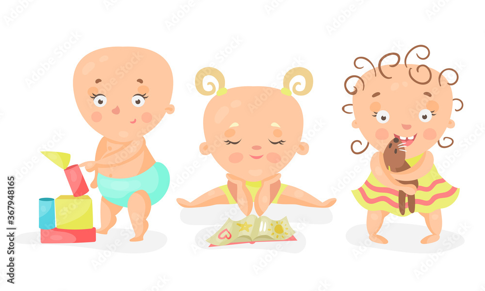 Toddler or Baby Playing with Toys and Reading Book Vector Illustration Set Toddler or Baby Playing with Toys and Reading Book Vector Illustration Set