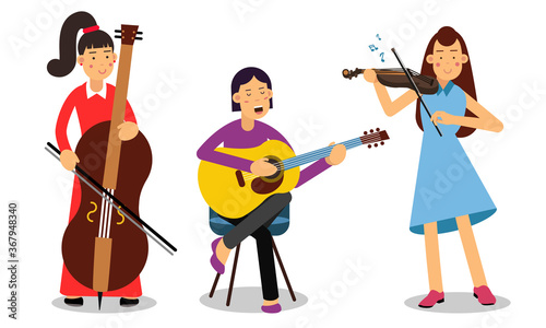 Woman Musicians Playing Musical Instruments And Singing On Stage Vector Illustration Set