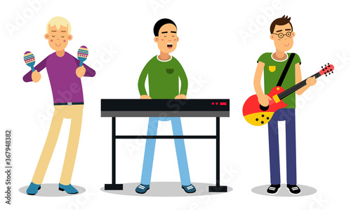 Man Musicians Playing Musical Instruments And Singing On Stage Vector Illustration Set