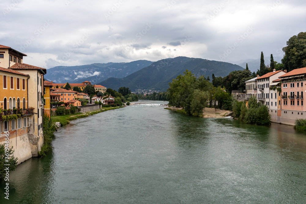  Colorful Houses and Brenta river in Bassano del Grappa. Italy