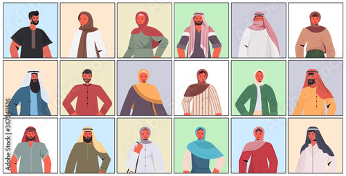 set arabic men women in traditional clothes arab male female cartoon characters collection portrait vector illustration