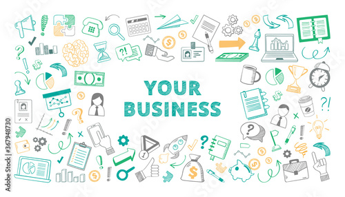 Handdrawn your business sketch color set. Financial and marketing elements piggy bank arrows rocket taking off laptop with infographics chess pieces financial creative presentation. Vector doodle.