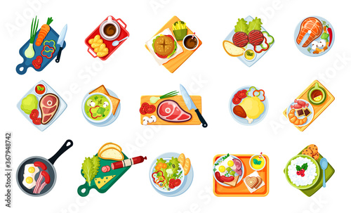 Cooking food with dishes top view set. Tasty menus fast food sliced salami with cheese fried salmon mushrooms vegetable soup chili and broccoli scrambled eggs bacon coffee. Cartoon vector.