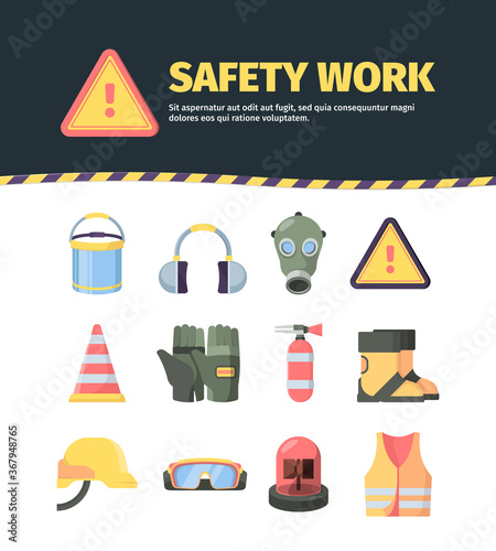 Protection safety work tools set. Manufacture items special work gloves headphones from high decibels yellow helmet gas mask red flasher vest with stripes fire extinguisher. Flat vector.