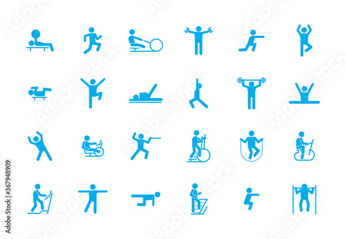 Sports fitness workout icons large set. Training in sports centers sports treadmill walking ground lifting weights jumping rope pictogram of fencer yoga complex squats. Health vector.