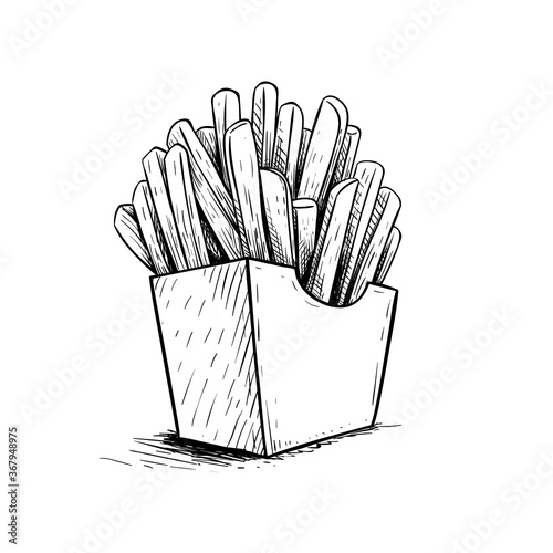 French fries in paper box. Sketch style hand drawn illustration. Fried potato. Fast food retro artwork. Vector image Isolated on white.