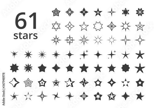 Stars icons of various shapes large set. Silhouette abstract decoration on golden polygon star of David flash art rating gaming bonus life jackpot in casino. Vector symbol.