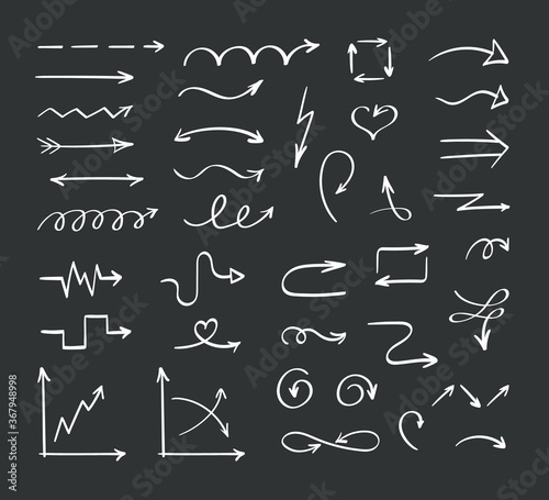 Handdrawn arrows sketch set. Abstract ribbon pointers graphic swirls contour lines of direction simple curves with graphs sketchy roughly drawn cursors. Symbolic vector.