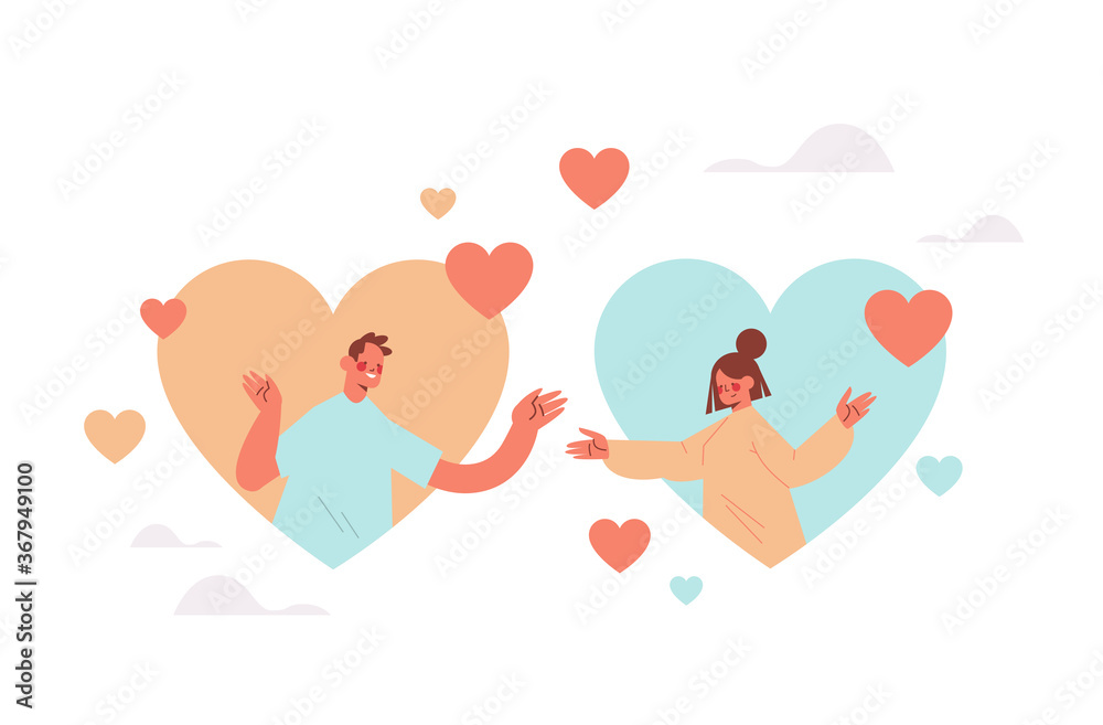 man woman chatting in online dating app couple in colorful hearts find your love social relationship communication concept portrait horizontal vector illustration man woman chatting in online dating app couple in colorful hearts find your love social relationship communication concept portrait horizontal vector illustration