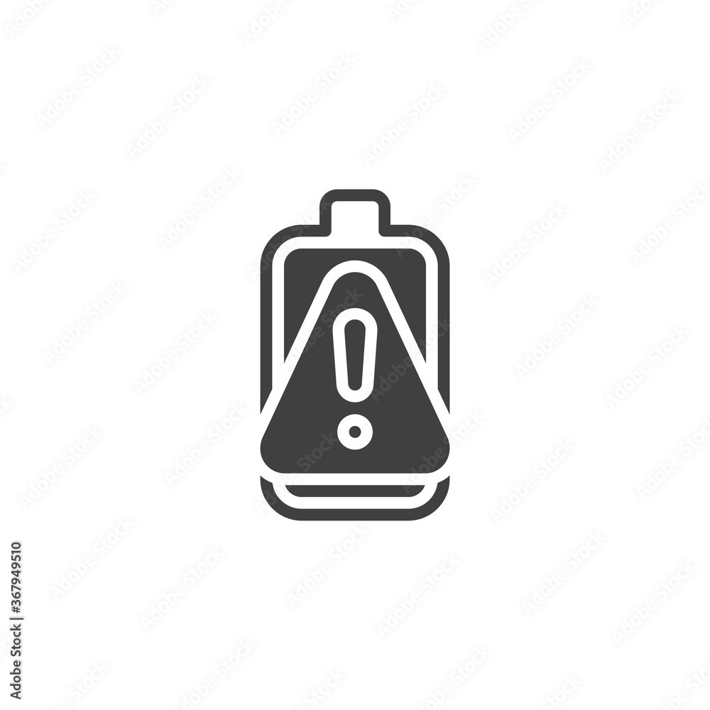 Obraz premium Battery alert notification vector icon. filled flat sign for mobile concept and web design. Battery with exclamation mark glyph icon. Symbol, logo illustration. Vector graphics