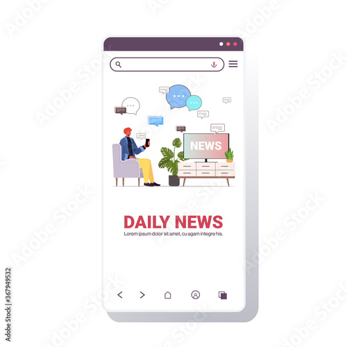 man watching tv and discussing daily news in mobile chatting app chat bubble communication concept smartphone screen mobile app portrait copy space vector illustration