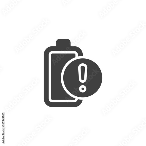 Battery and exclamation mark vector icon. filled flat sign for mobile concept and web design. Battery alert notification glyph icon. Symbol, logo illustration. Vector graphics