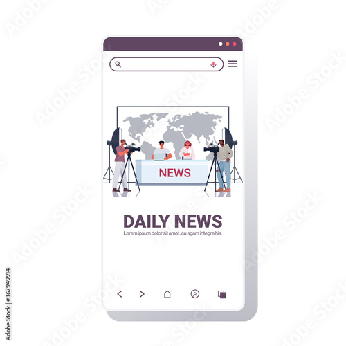 presenters broadcasting with cameramen on television people discussing daily news at modern tv studio smartphone screen mobile app full length copy space vector illustration