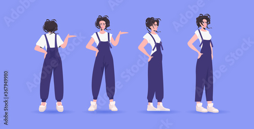 set woman in casual trendy clothes female cartoon character standing pose different angles view full length horizontal vector illustration