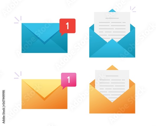 New email icon vector or electronic mail notification notice message and read inbox incoming document letter in open envelope flat cartoon symbol, concept of digital or internet newsletter modern
