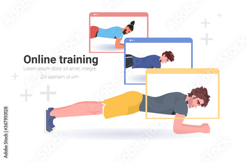 men doing fitness exercises online training healthy lifestyle workout concept sportsmen in web browser windows horizontal copy space vector illustration