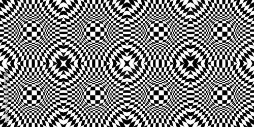 Animated hypnotic background. Contrasty Optical Psychedelic Illusion. Checkered seamless pattern with optical illusion of spherical volume, black and white geometric abstract background, chess board e