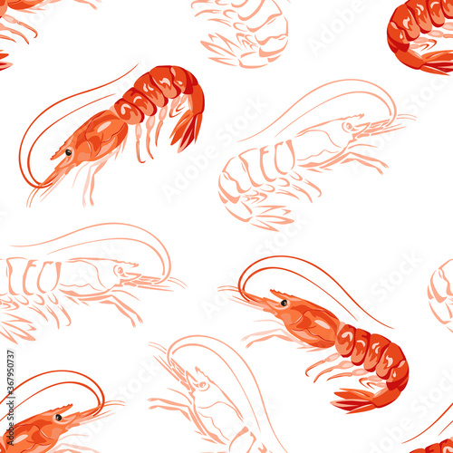 Red cartoon shrimps seamless pattern. Seafood background. Vector illustration.